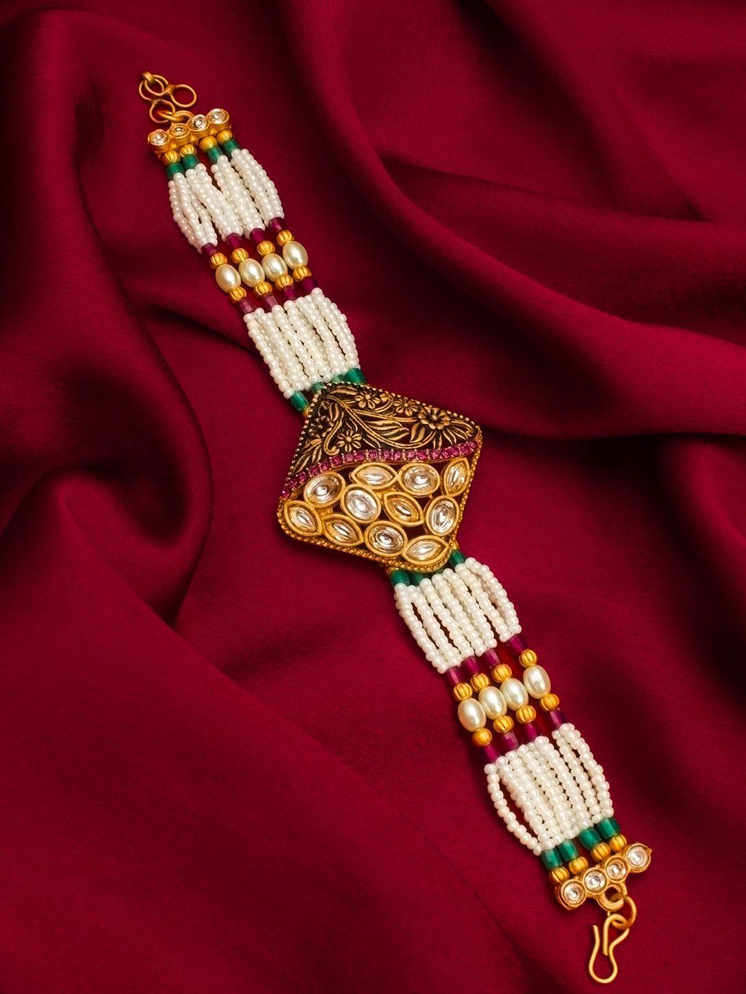 aadita women gold-plated artificial stones-studded & beaded wraparound  bracelet
