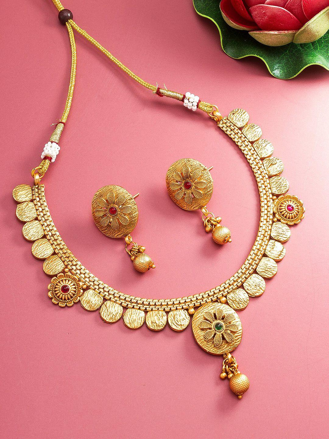 aadita women gold-plated pink stone studded choker jewellery set
