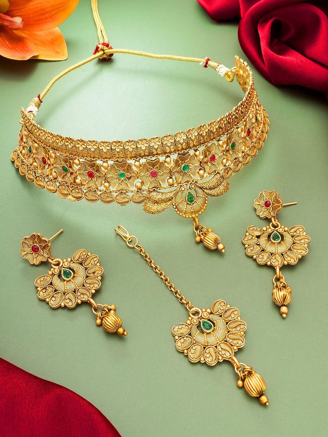 aadita women gold-plated red & green ruby studded choker jewellery set
