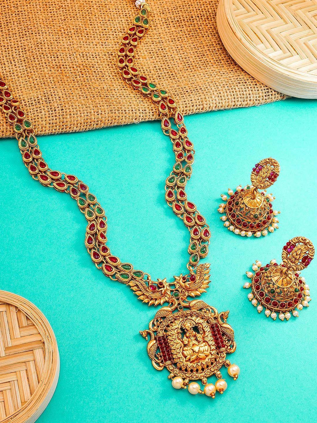 aadita women gold-plated temple pearls studded jewellery set