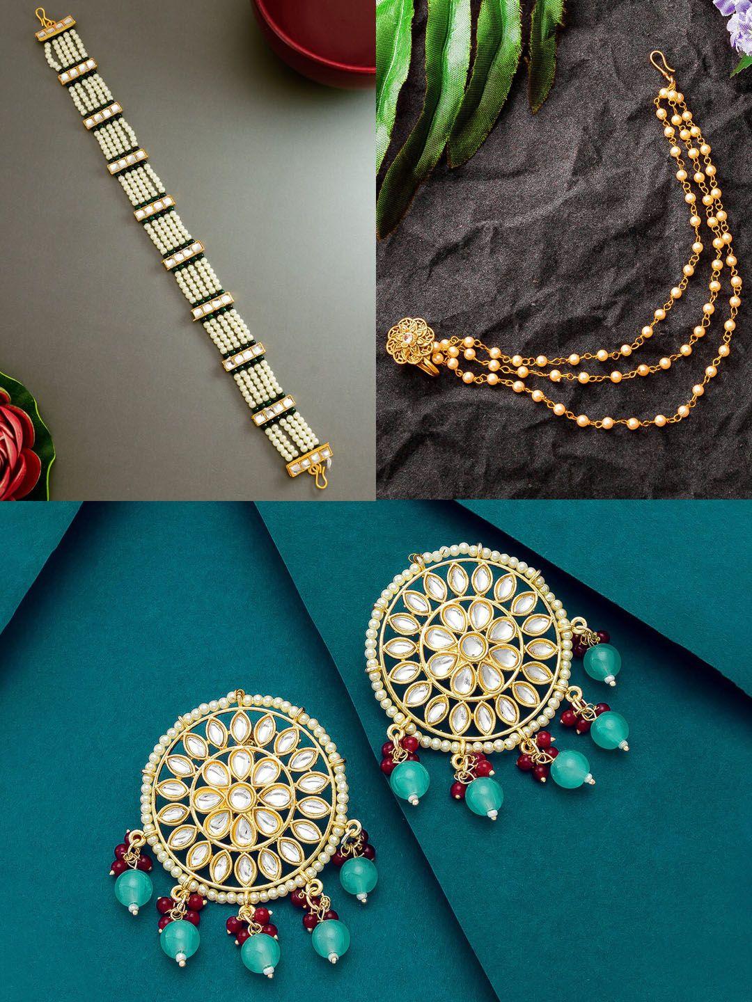 aadita women gold-plated white & green stone studded jewellery set