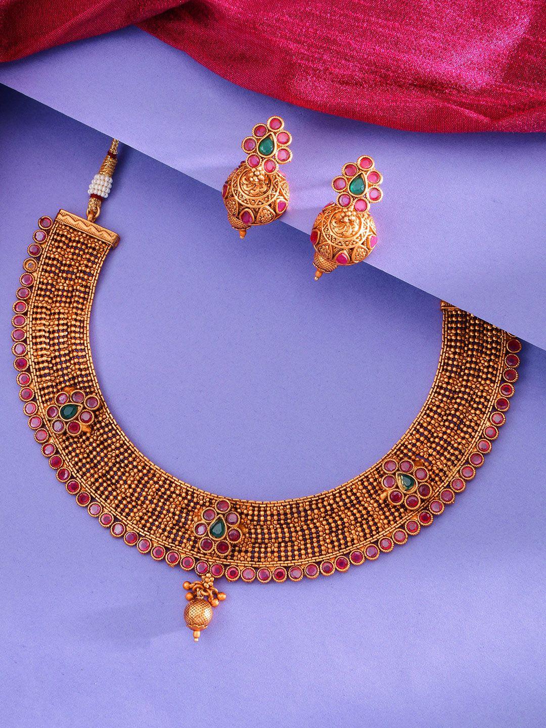 aadita women gold-toned antique temple choker jewellery set