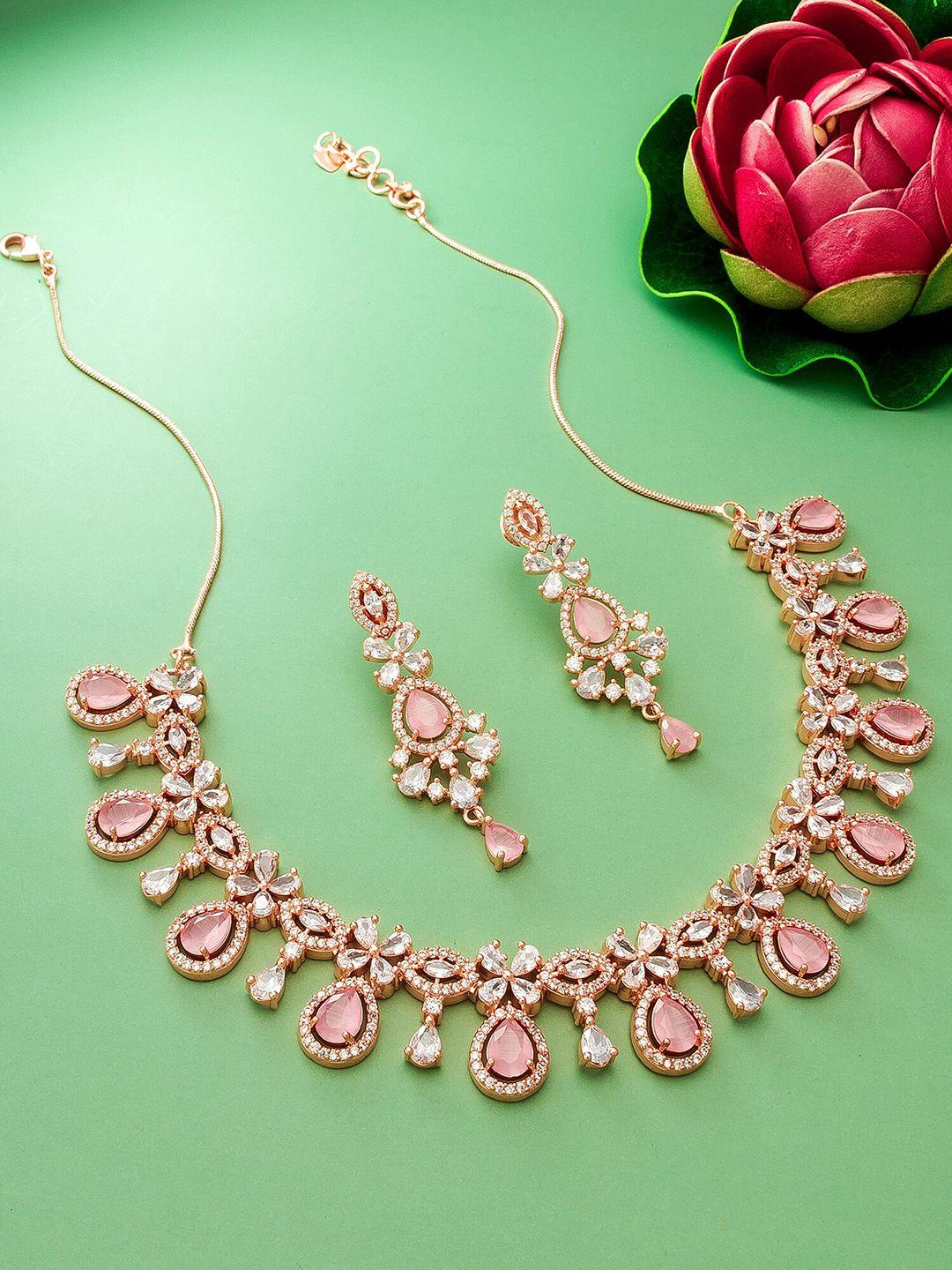 aadita women rose gold-plated white & pink ad-studded jewellery set