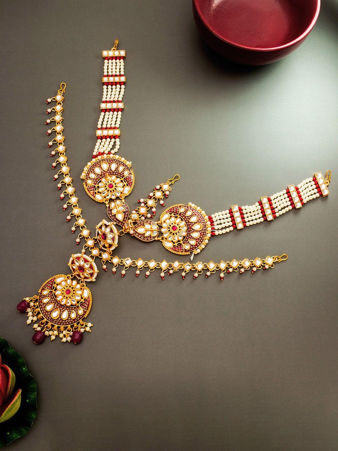 aadita  gold-plated kundan-studded & pearl beaded layered head jewellery