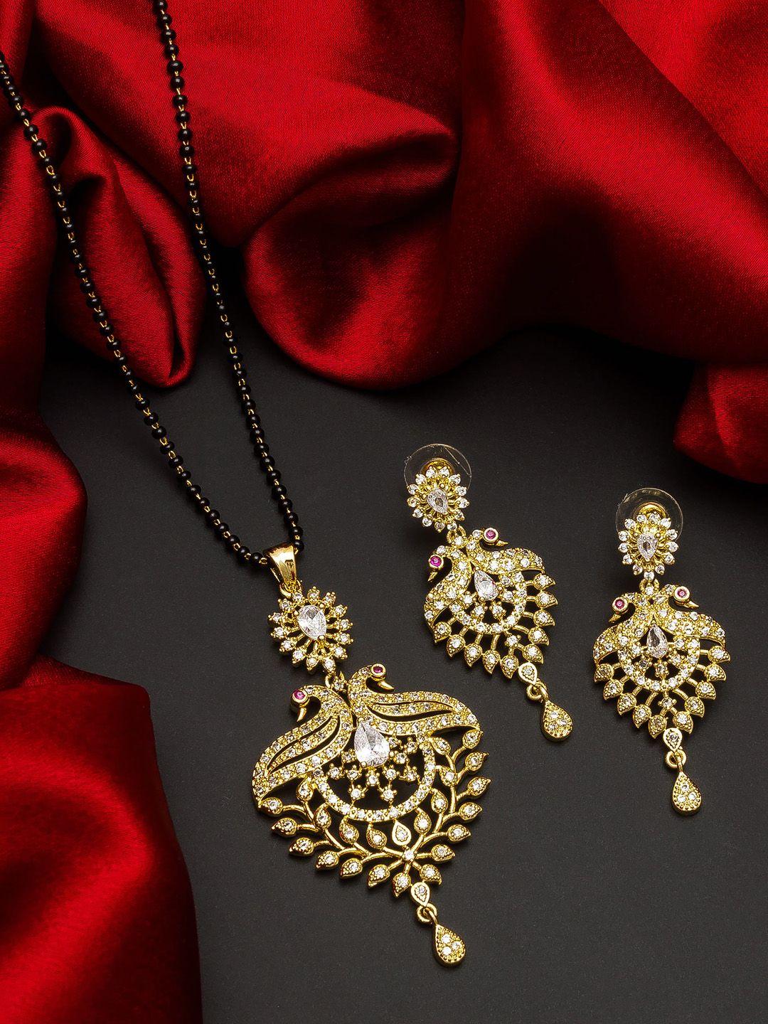 aadita gold-plated black beaded white & white stone-studded mangalsutra with earrings