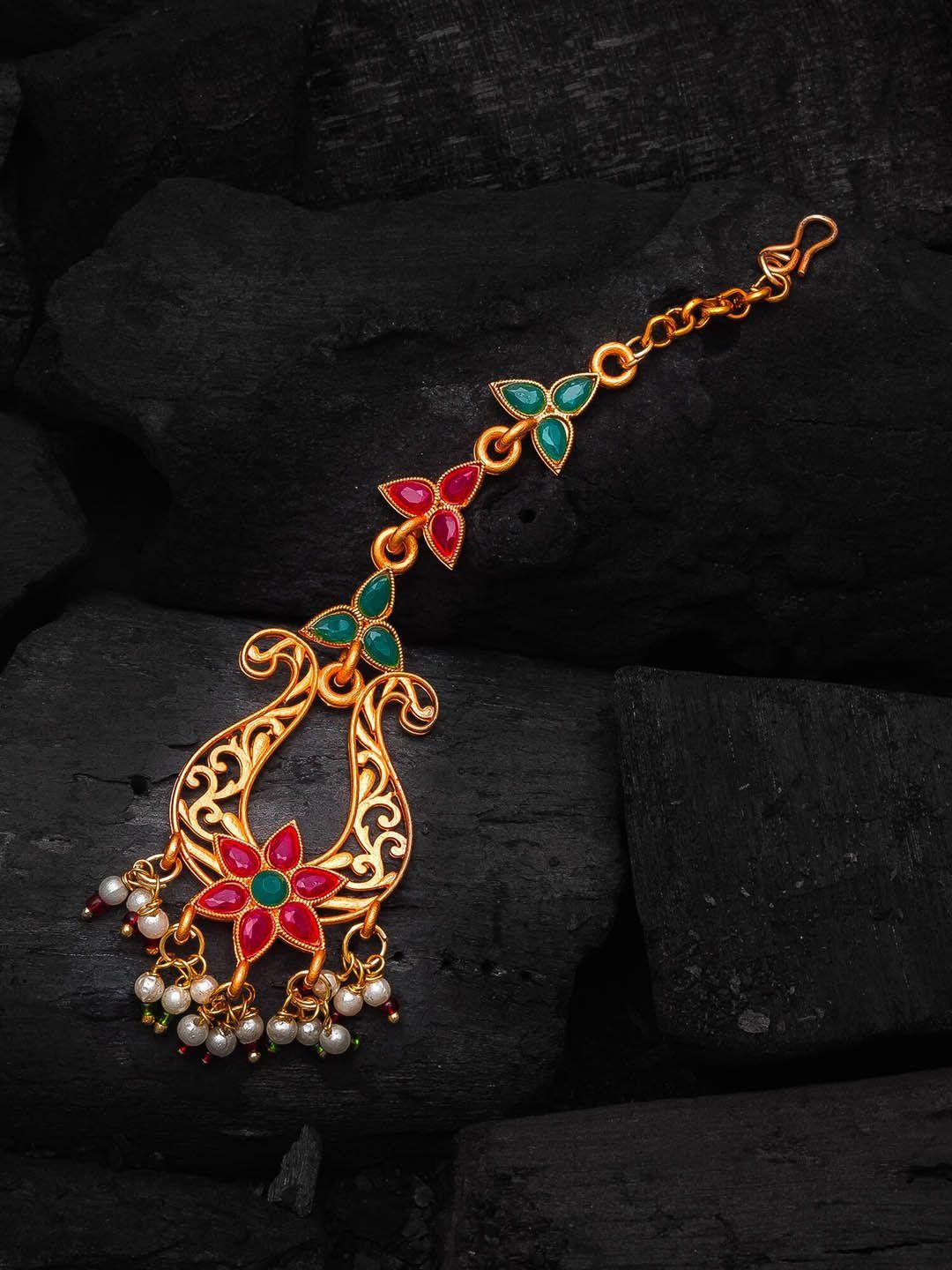 aadita gold-plated pink & green stone-studded & white beaded handcrafted jewellery set