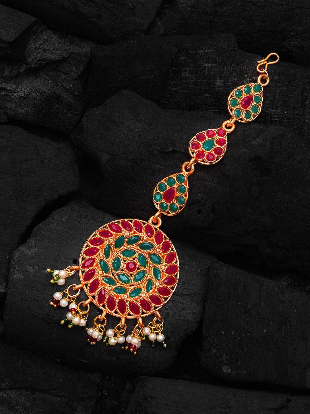 aadita gold-plated pink & green stone-studded & white beaded handcrafted maang tikka