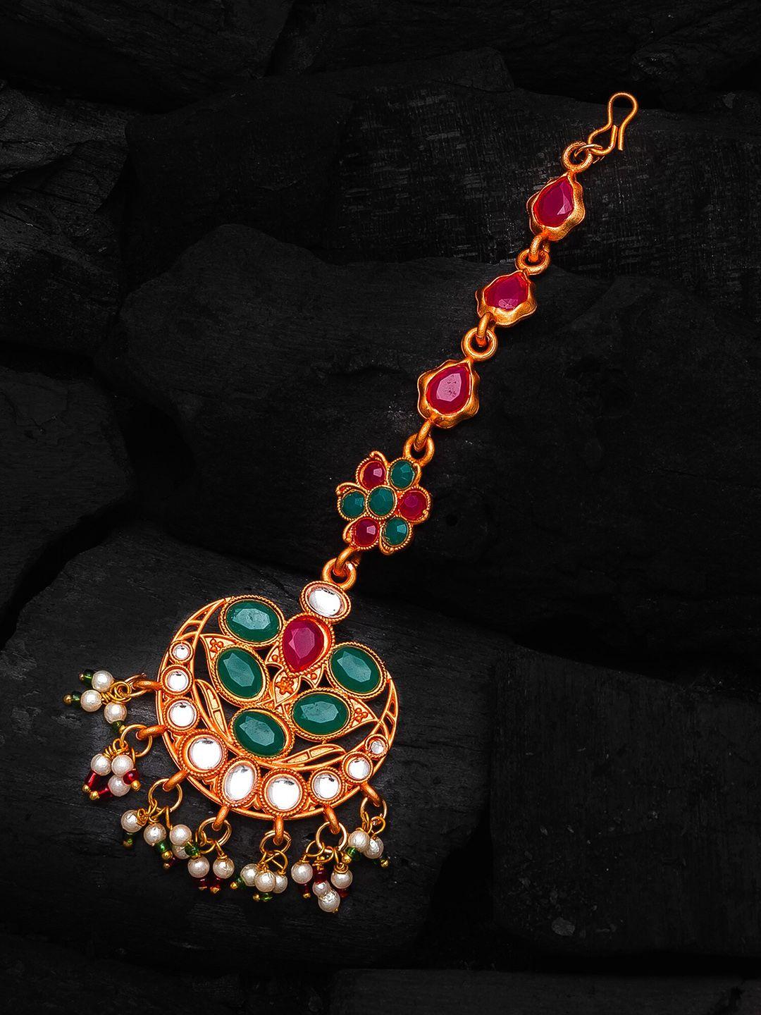 aadita gold-plated pink & green stone-studded white beaded handcrafted maang tikka