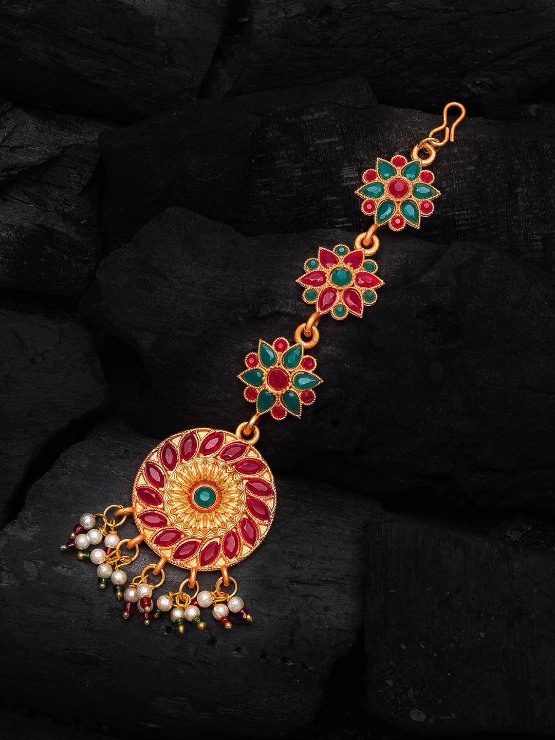 aadita gold-plated red & green ruby-studded pearl embellished handcrafted maang tikka