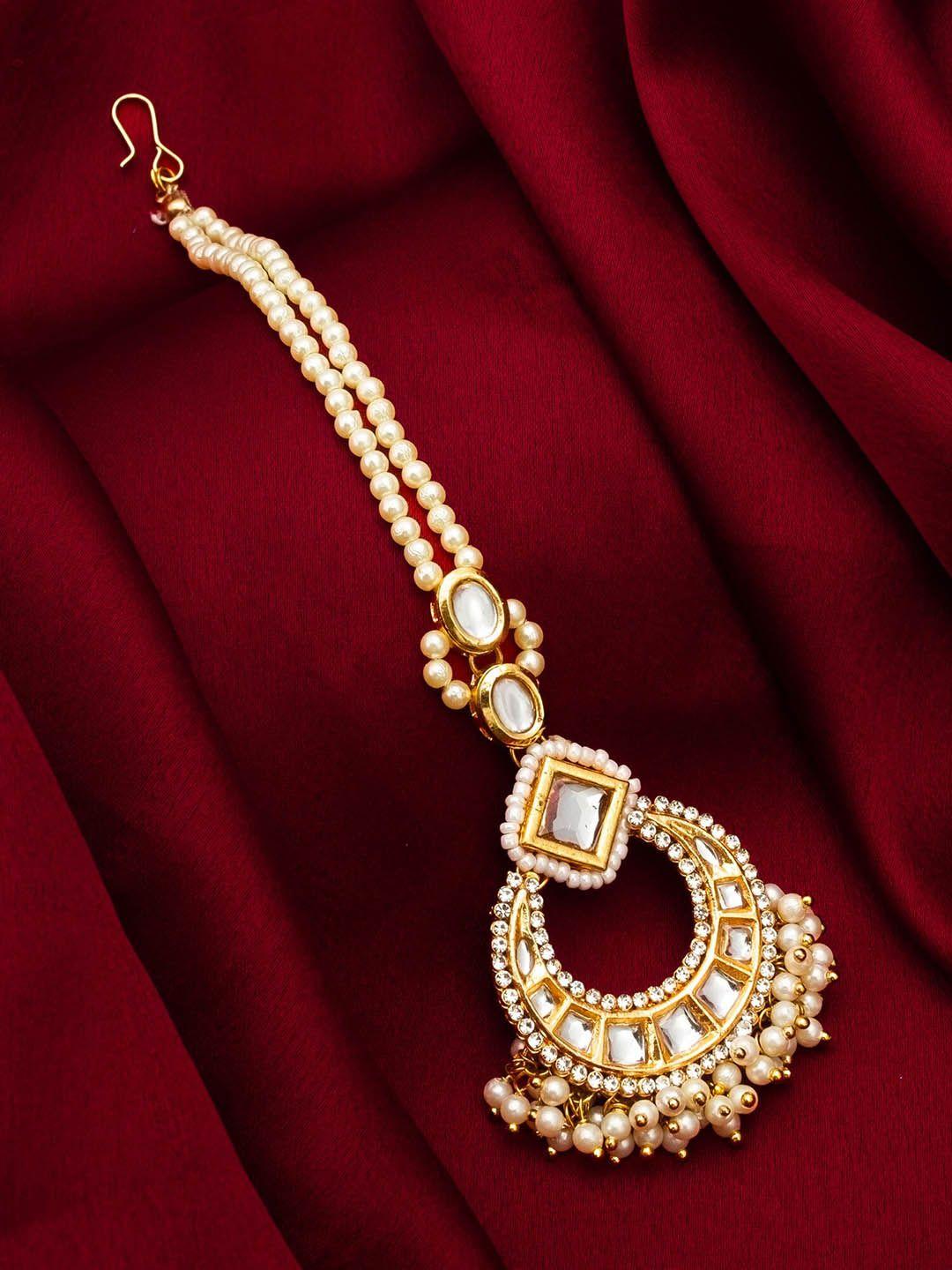 aadita gold-plated stone-studded & beaded maang tikka