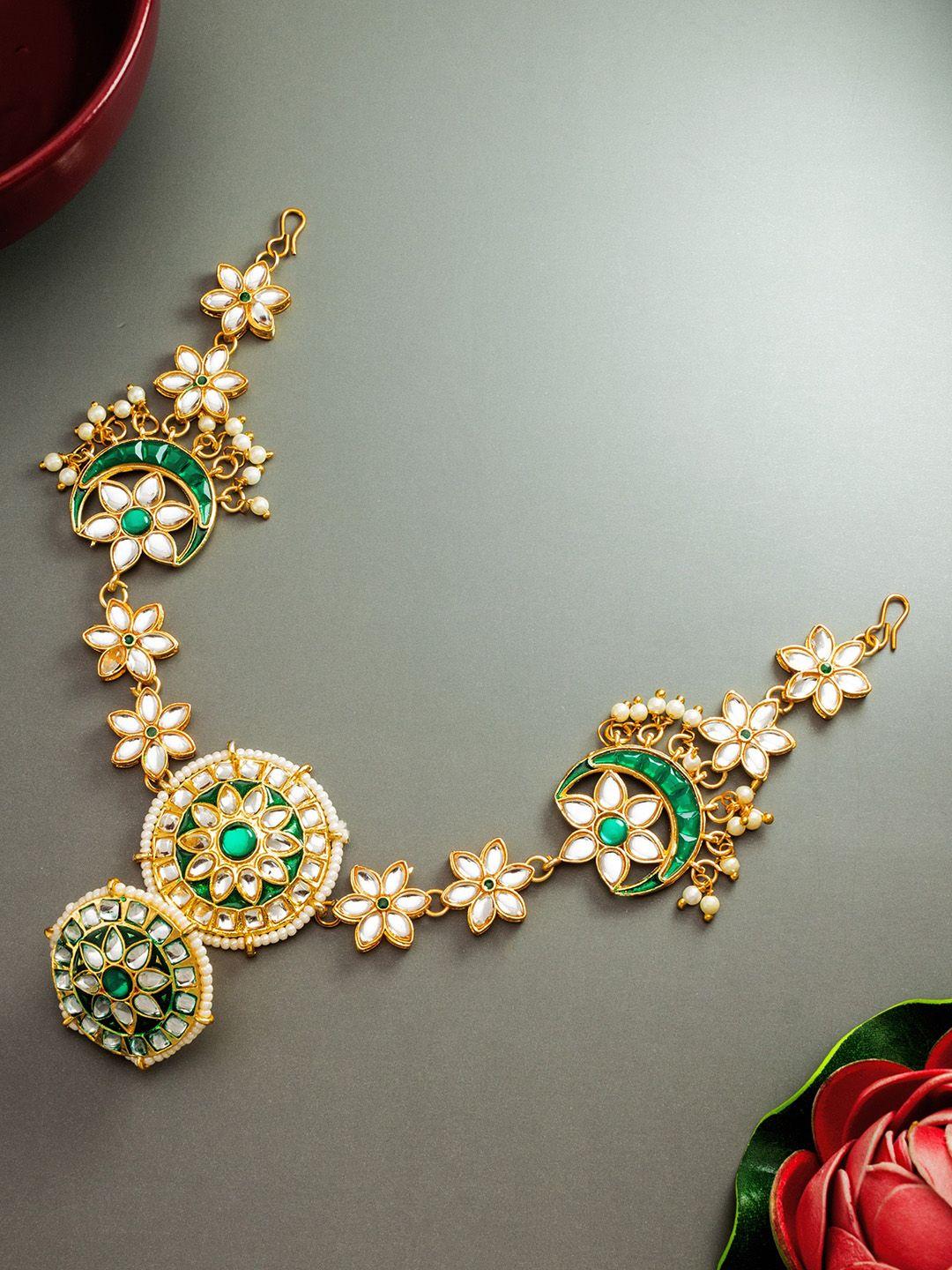 aadita gold-toned white & green kundan-studded pearl beaded floral shaped sheeshphool mathapatti