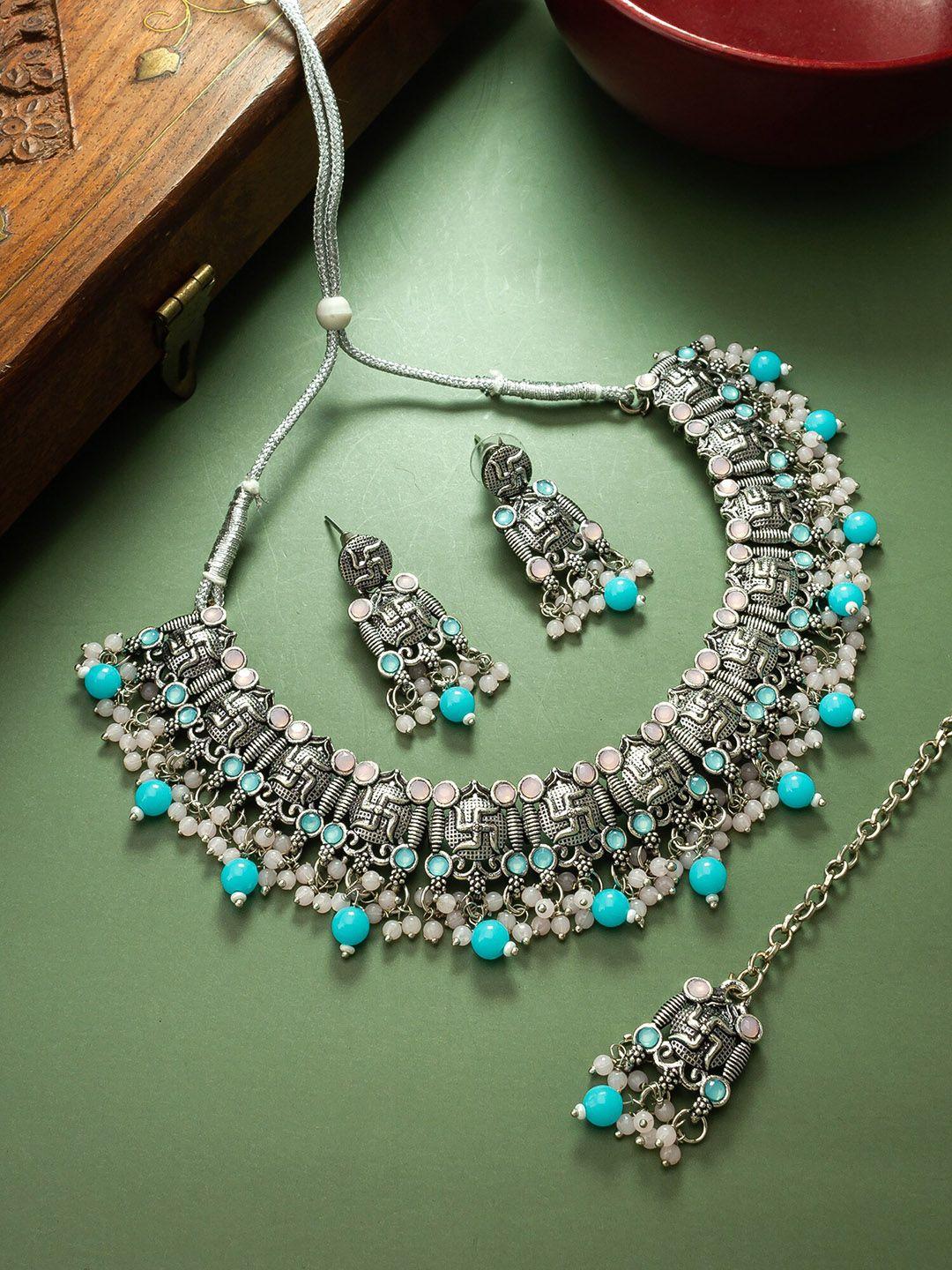 aadita silver-plated stone-studded & beaded jewellery set