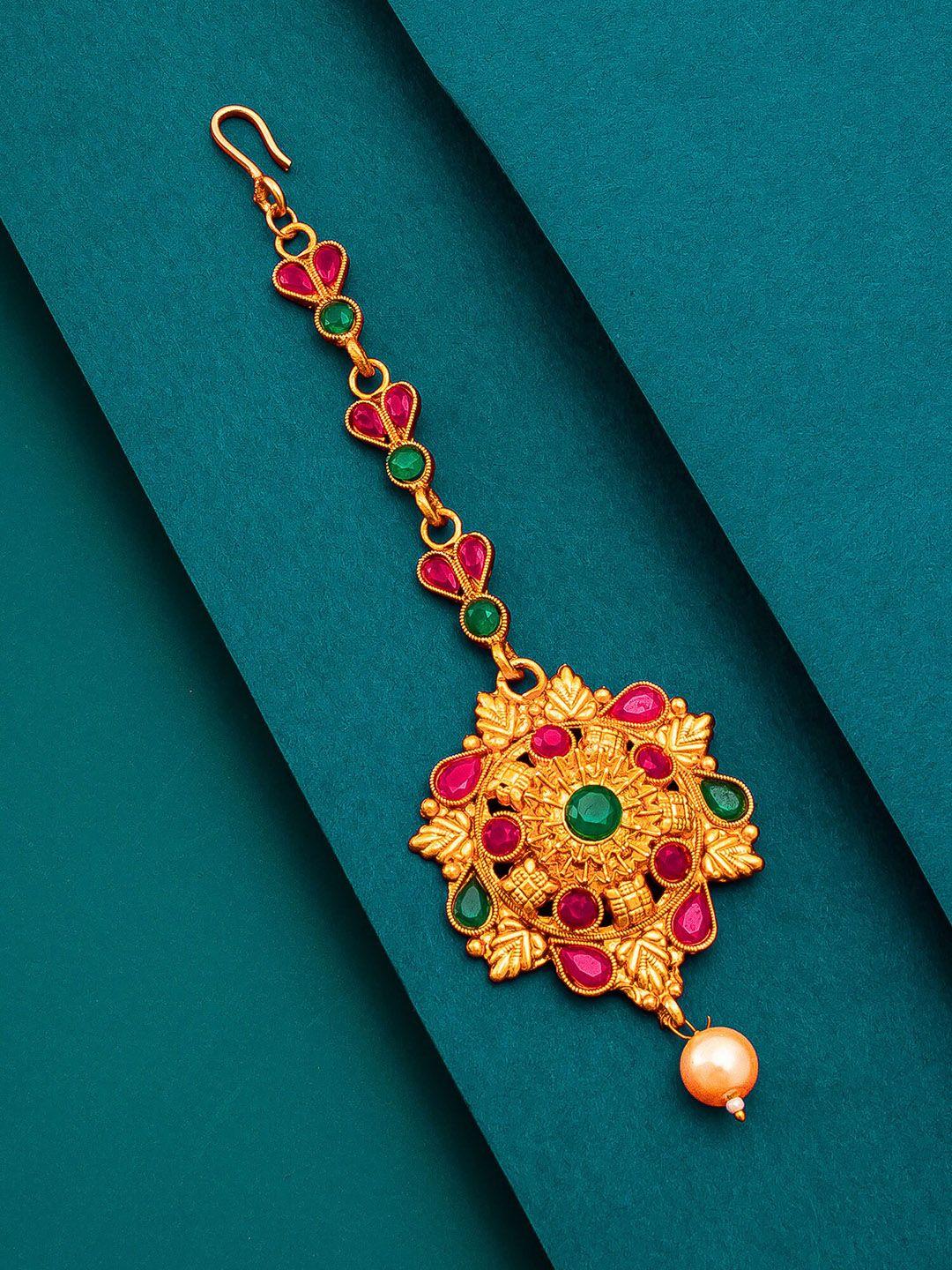 aadita women gold-toned & red ruby and pearls studded maang tikka