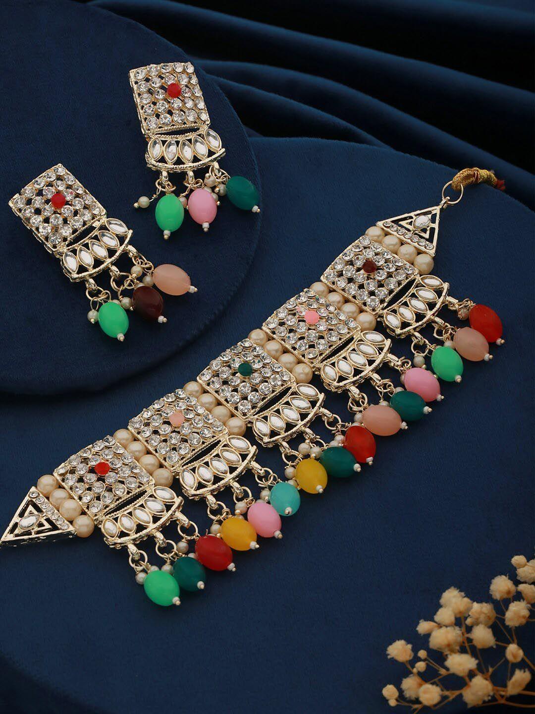 aadvik designs gold-plated kundan studded & beaded jewellery set