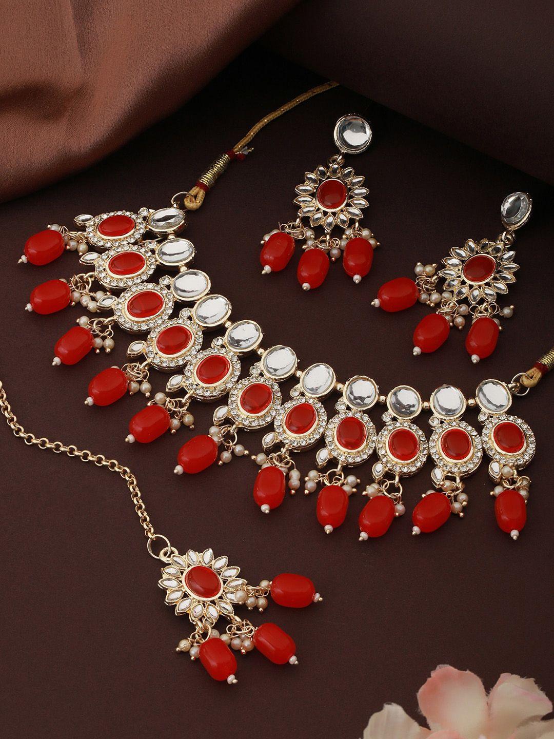 aadvik designs gold-plated kundan-studded & beaded jewellery set