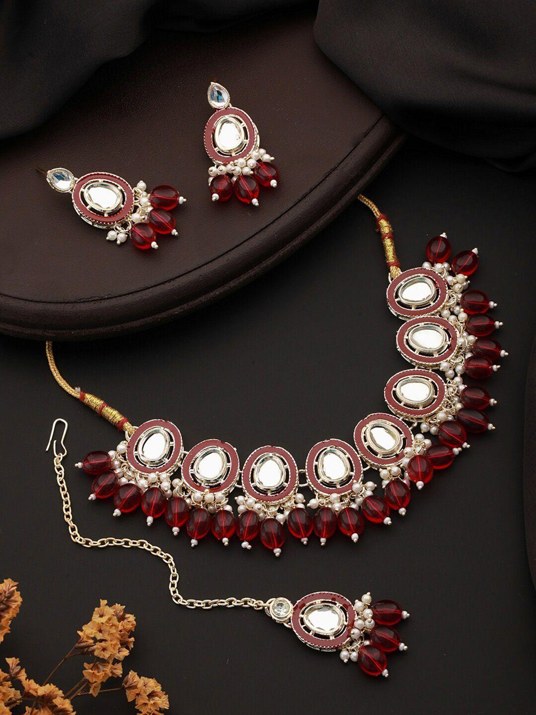 aadvik designs gold-plated kundan studded & beaded jewellery set