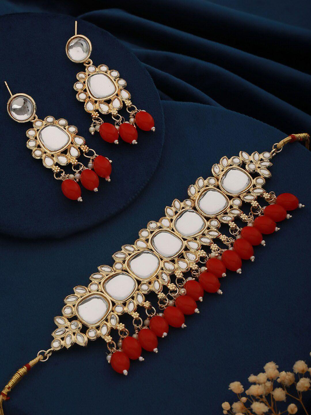 aadvik designs gold-plated kundan-studded & beads jewellery set