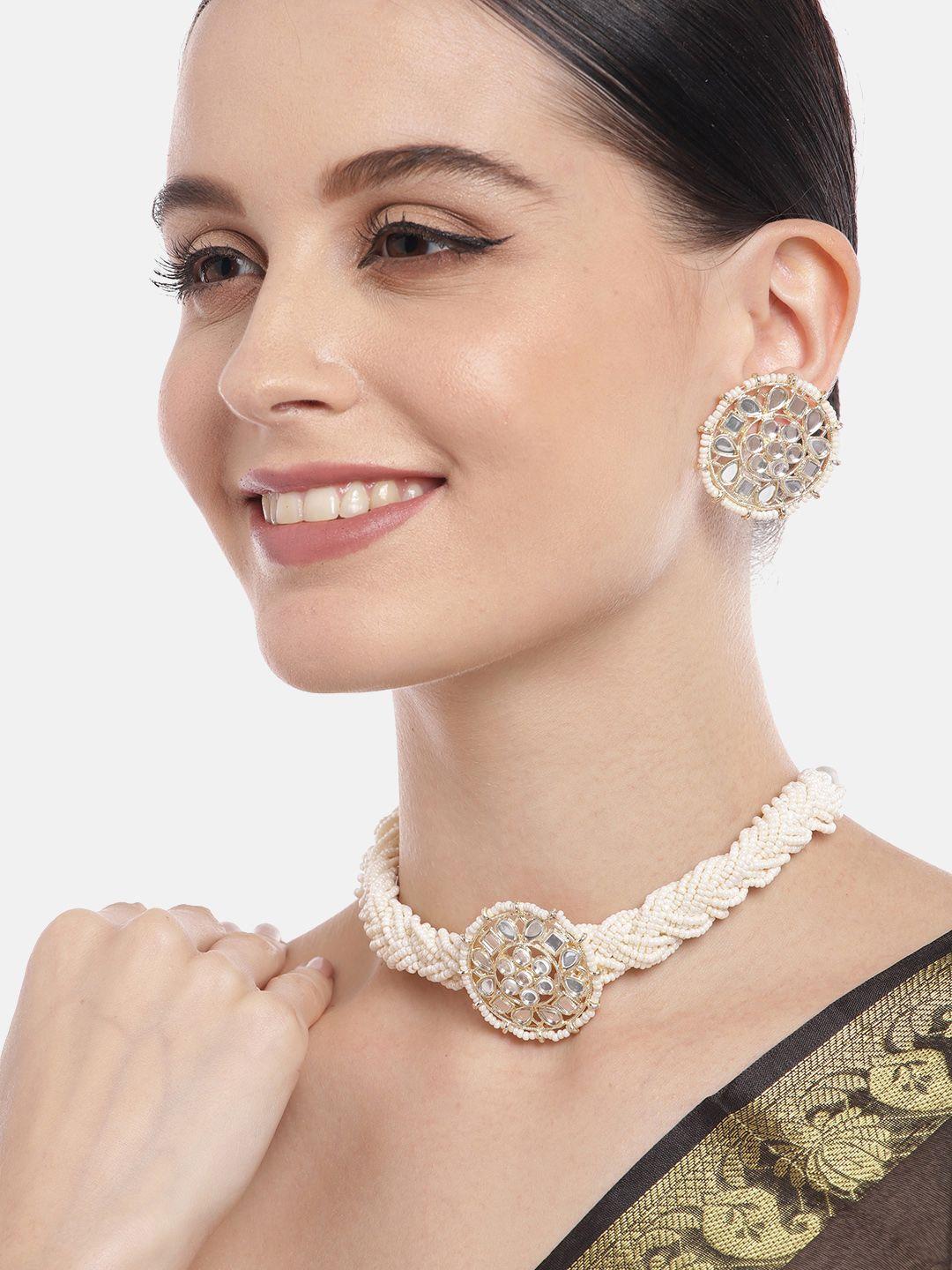 aadvik designs gold-plated pearl studded & kundan beaded mirror necklace with earrings