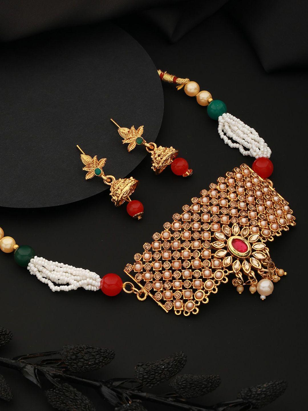 aadvik designs gold-plated stone studded & beaded necklace & earrings