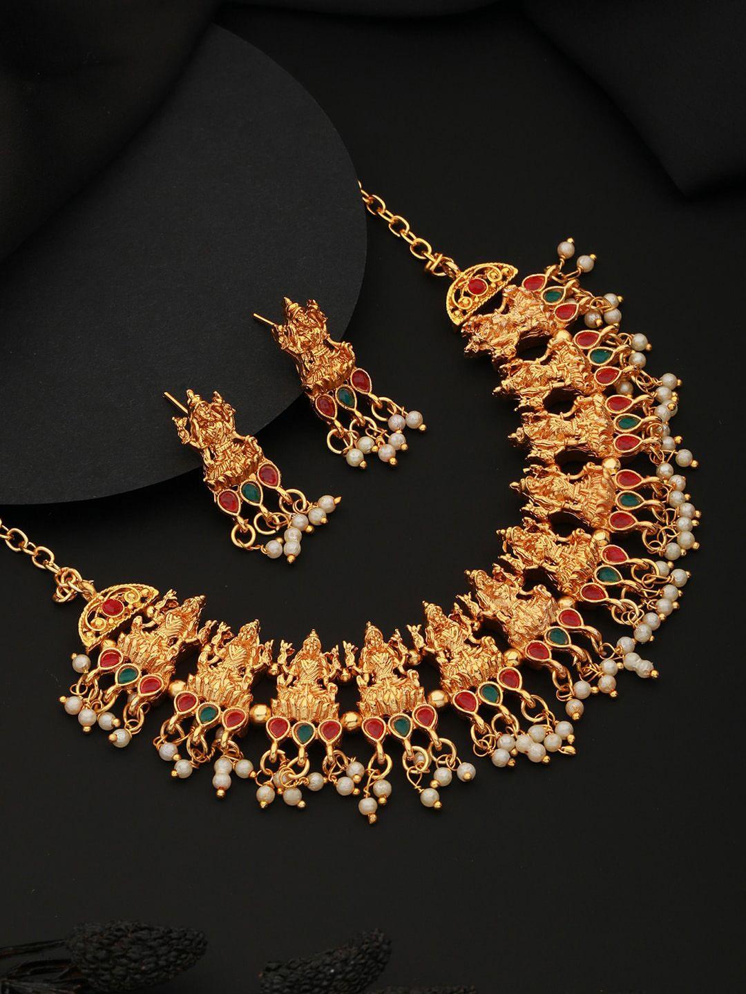 aadvik designs gold-plated stone studded & pearls beaded necklace and earrings