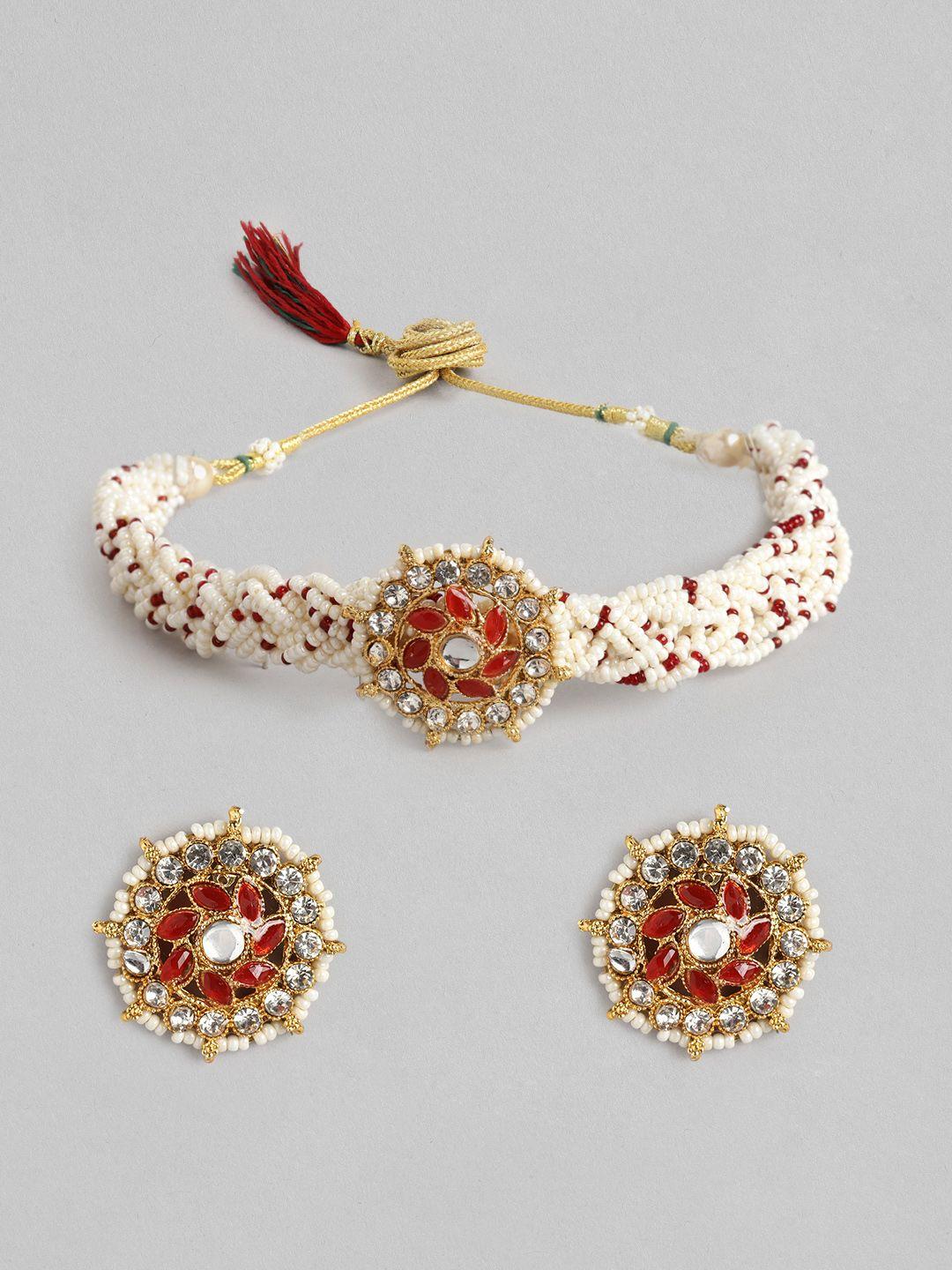 aadvik designs gold-plated white pearl beaded choker necklace set