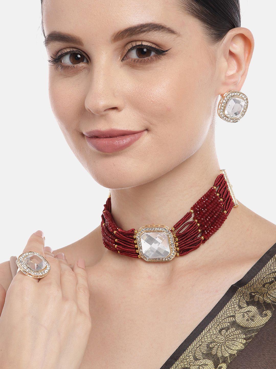 aadvik designs women gold-plated pearl & kundan studded mirror jewellery set