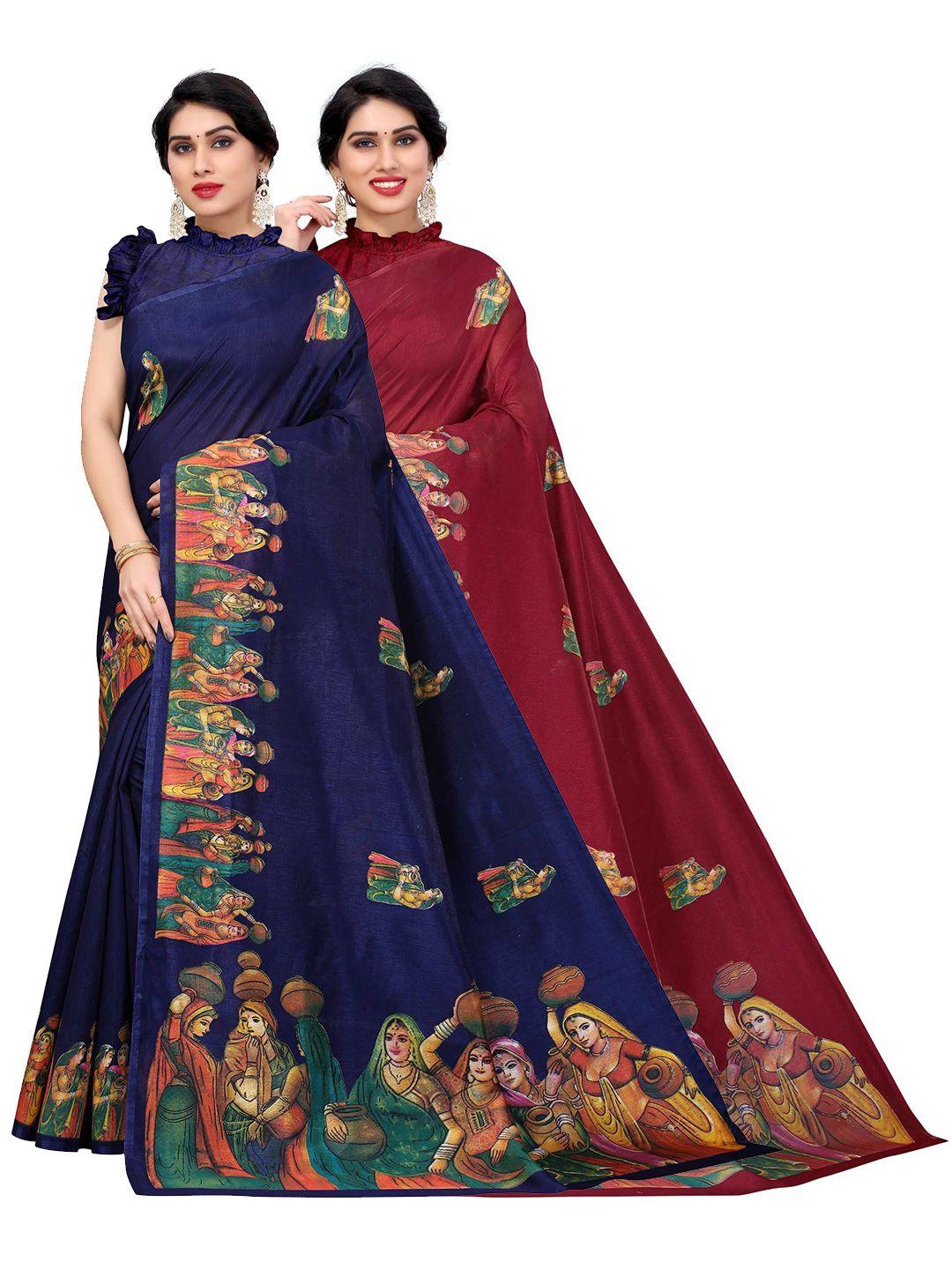aadvika maroon & navy blue set of 2 printed art silk mysore silk saree