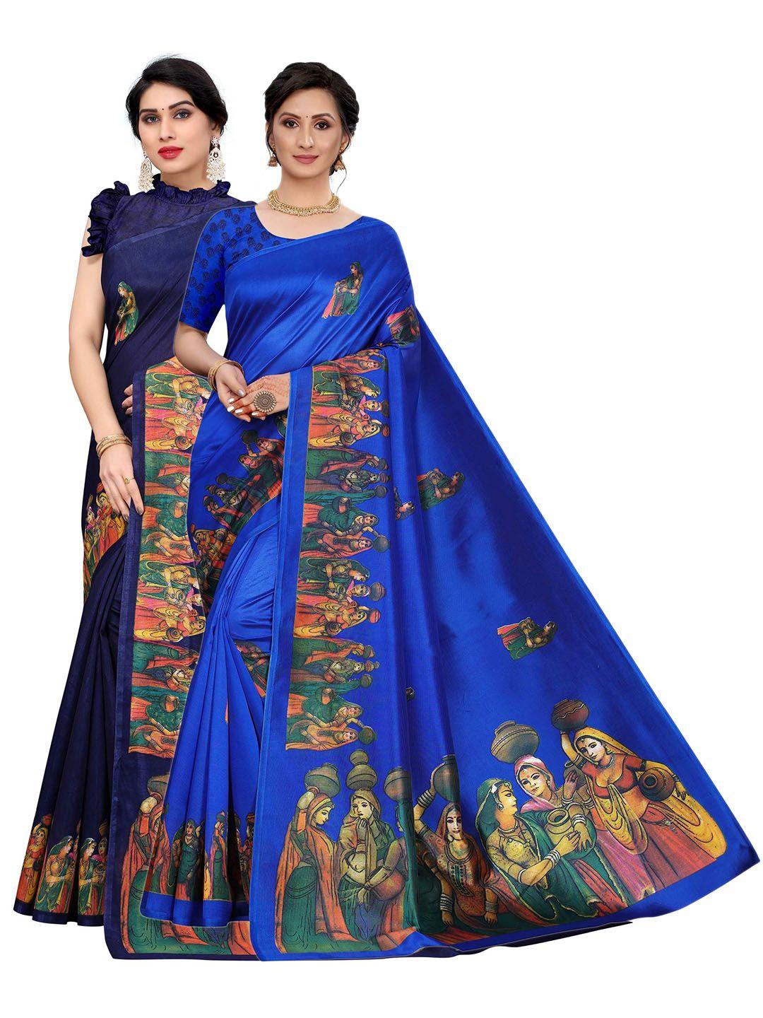 aadvika pack of 2 blue & yellow kalamkari silk blend saree