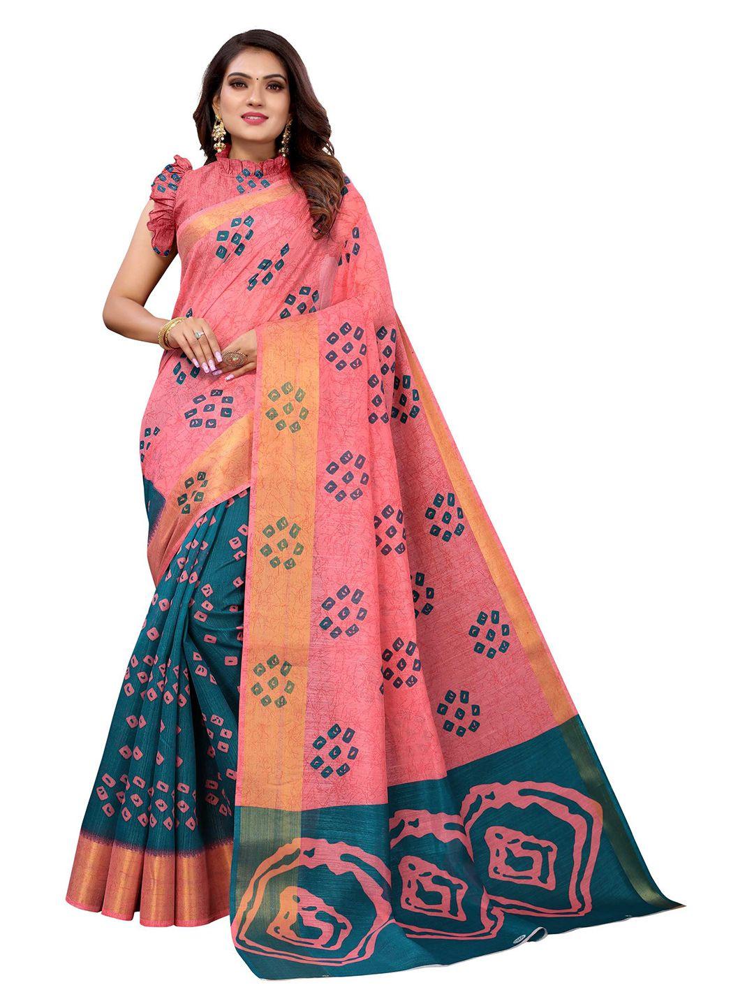 aadvika pink & blue bandhani zari linen blend saree