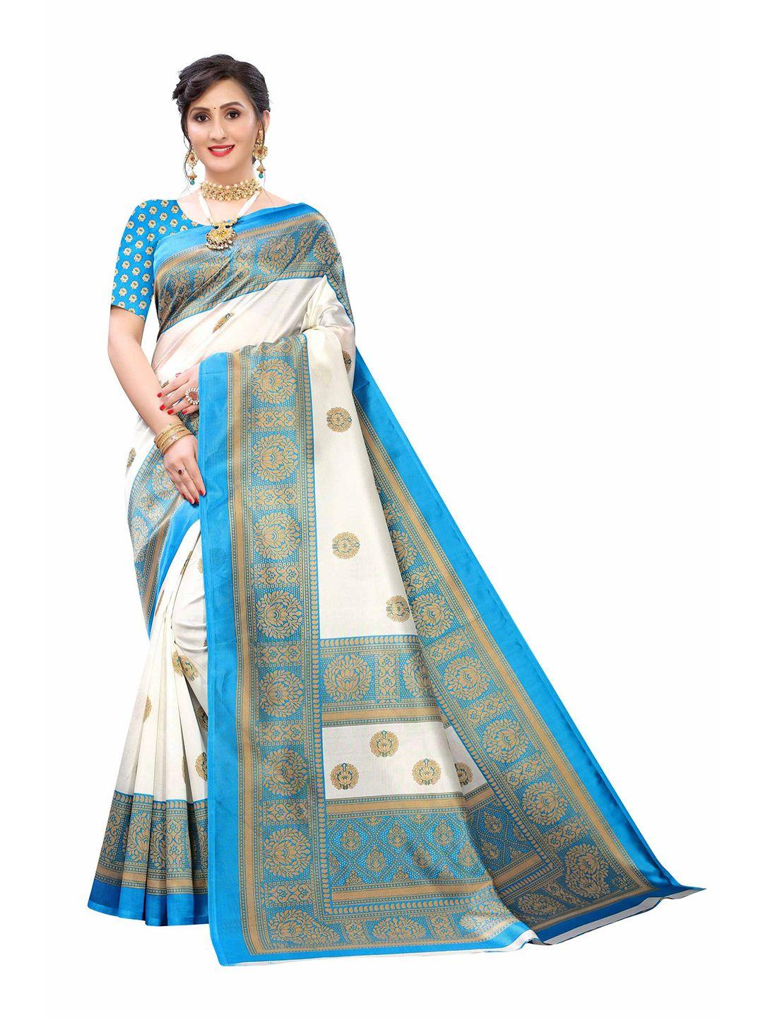 aadvika white & turquoise blue ethnic motifs art silk saree