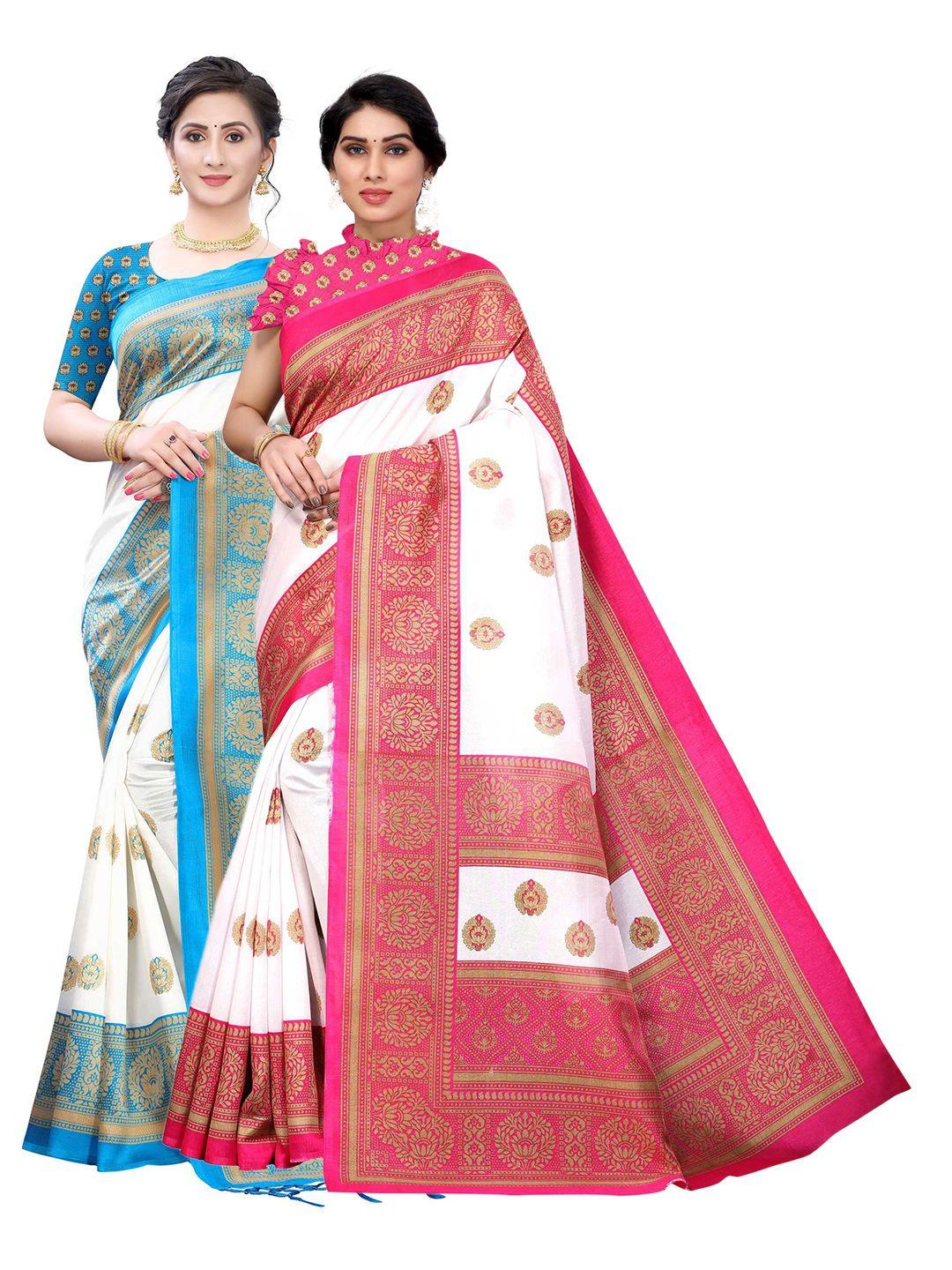 aadvika women pack of 2 white & blue woven design art silk saree