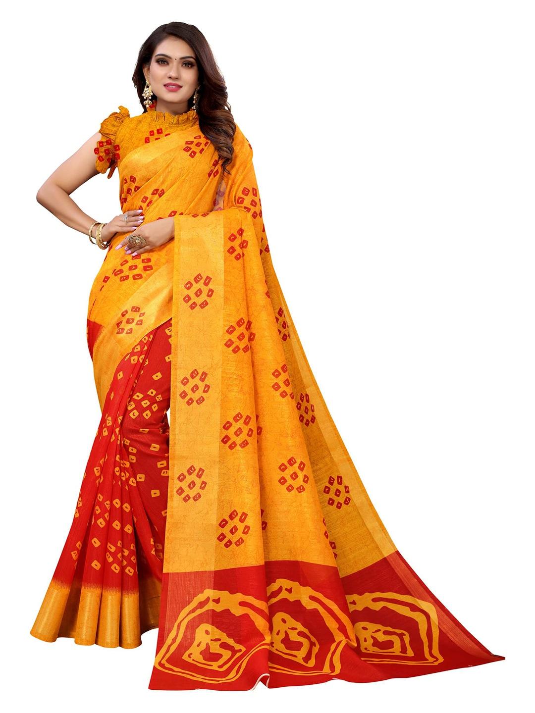 aadvika yellow & red bandhani zari linen blend saree