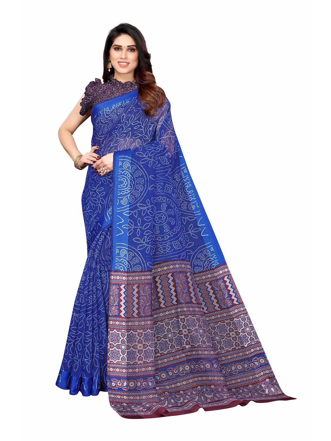 aadvika blue & burgundy bandhani printed linen blend saree