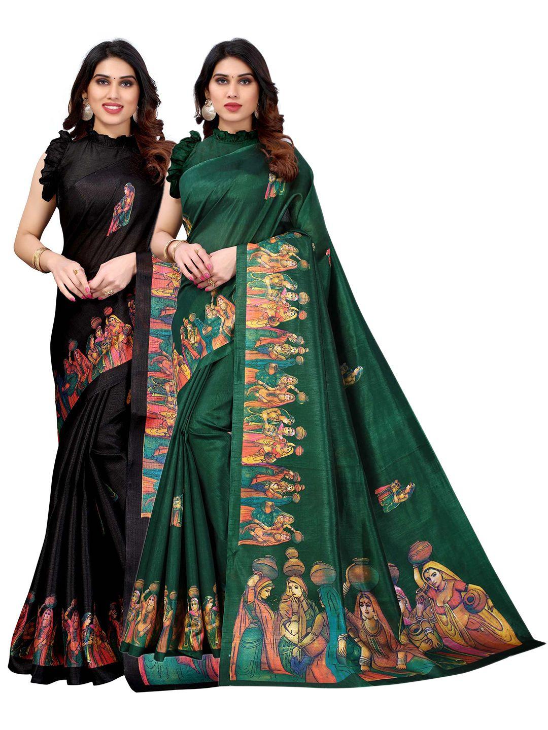 aadvika green & black kalamkari art silk mysore silk pack of 2 saree