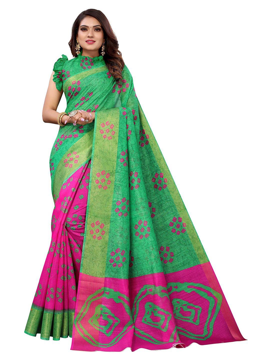 aadvika green & pink bandhani linen blend ready to wear saree