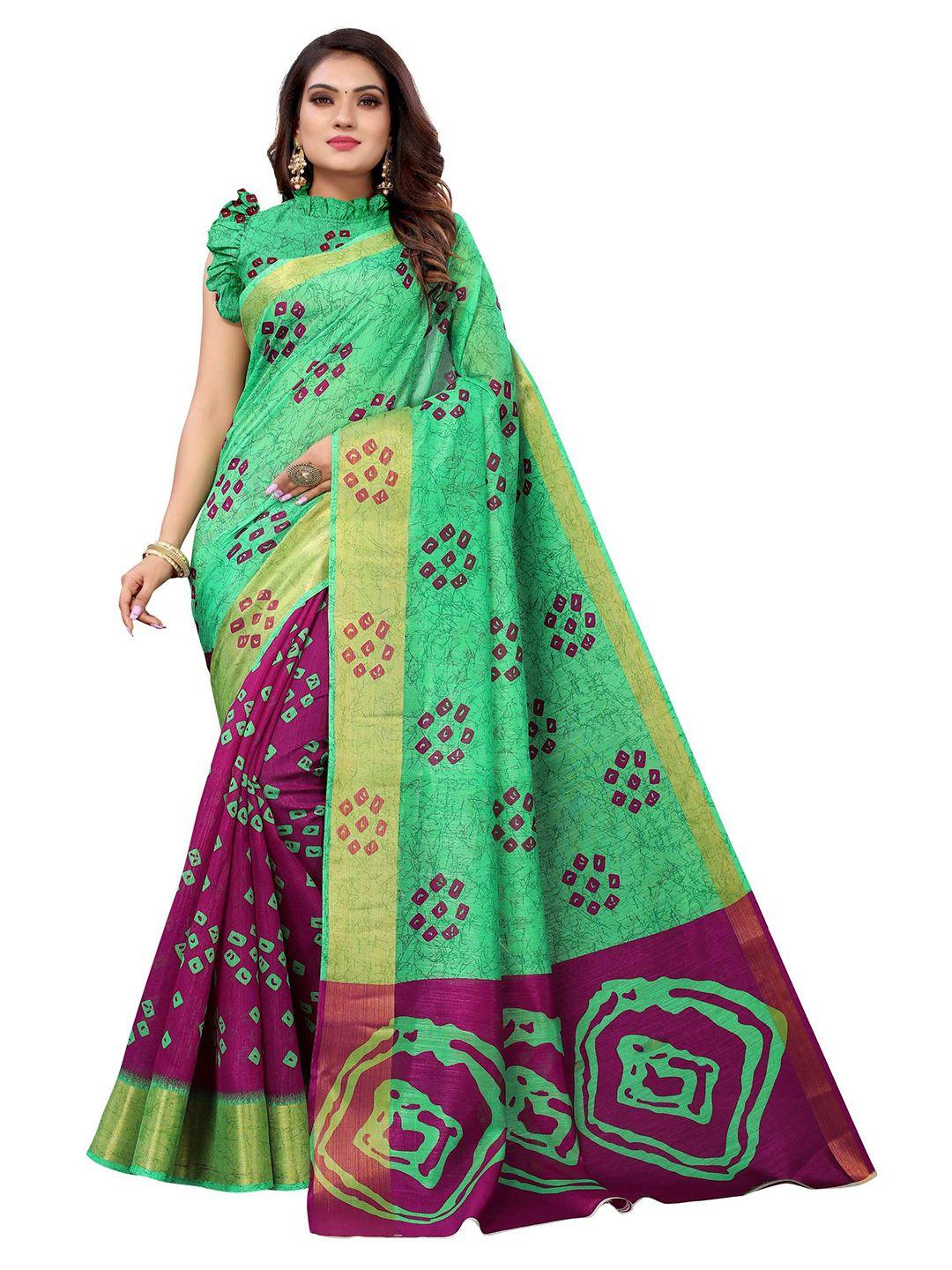 aadvika green & purple bandhani zari linen blend half and half saree