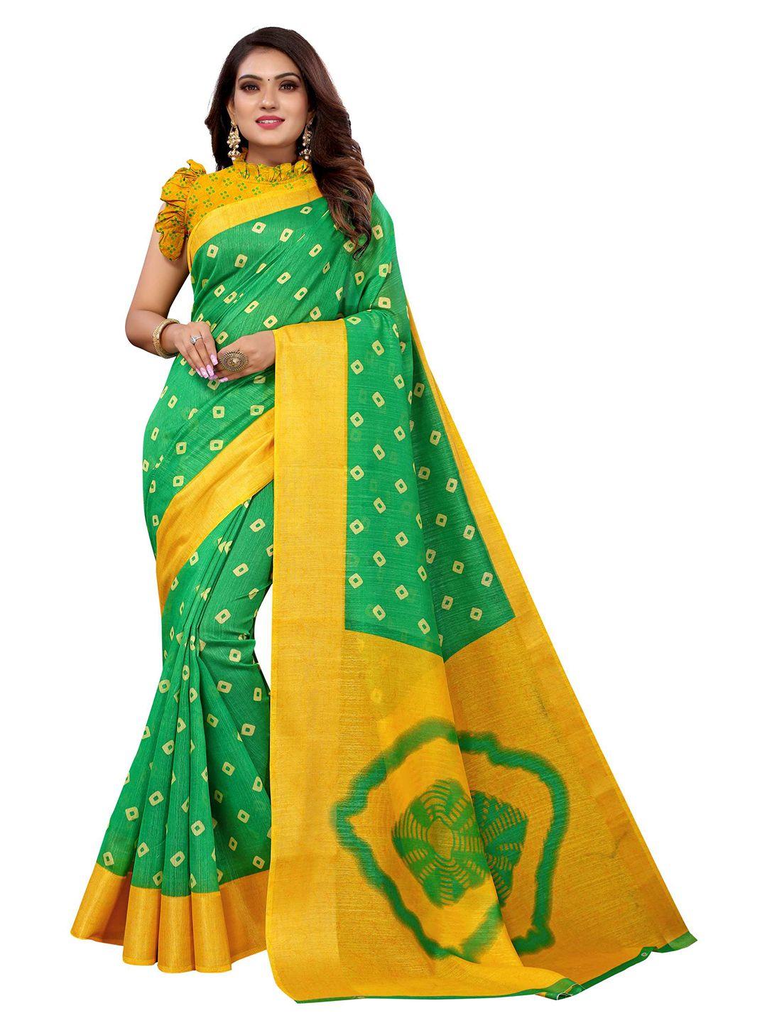 aadvika green & yellow bandhani printed linen blend saree