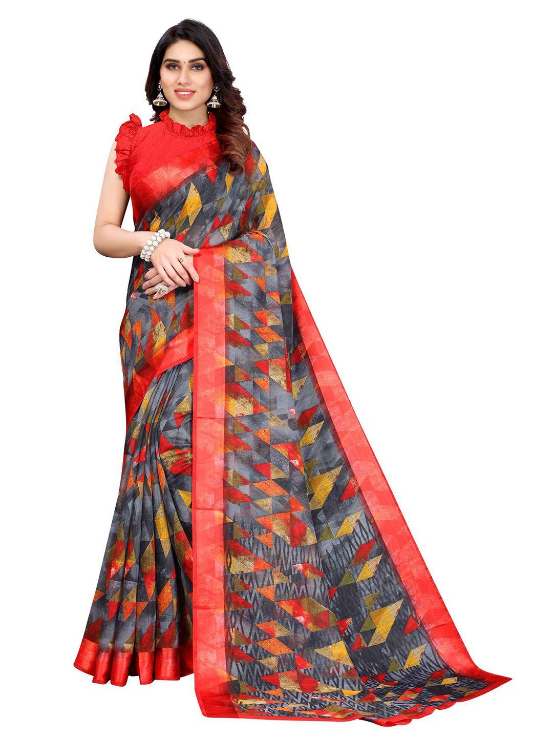 aadvika grey & red linen blend  saree