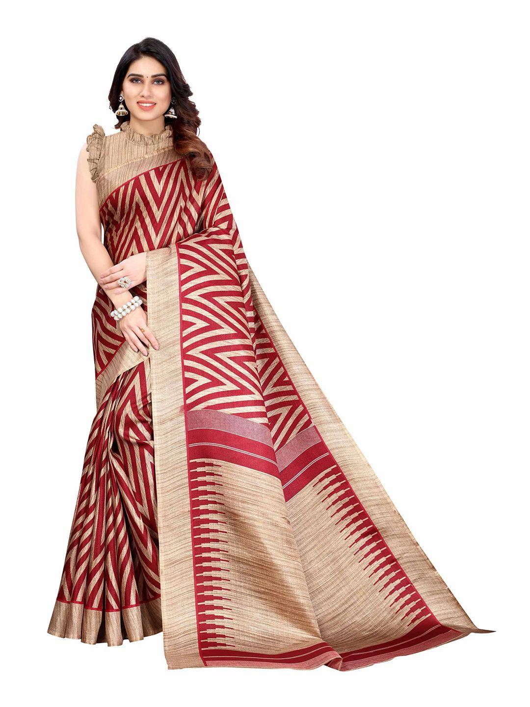 aadvika maroon & beige printed cotton blend saree