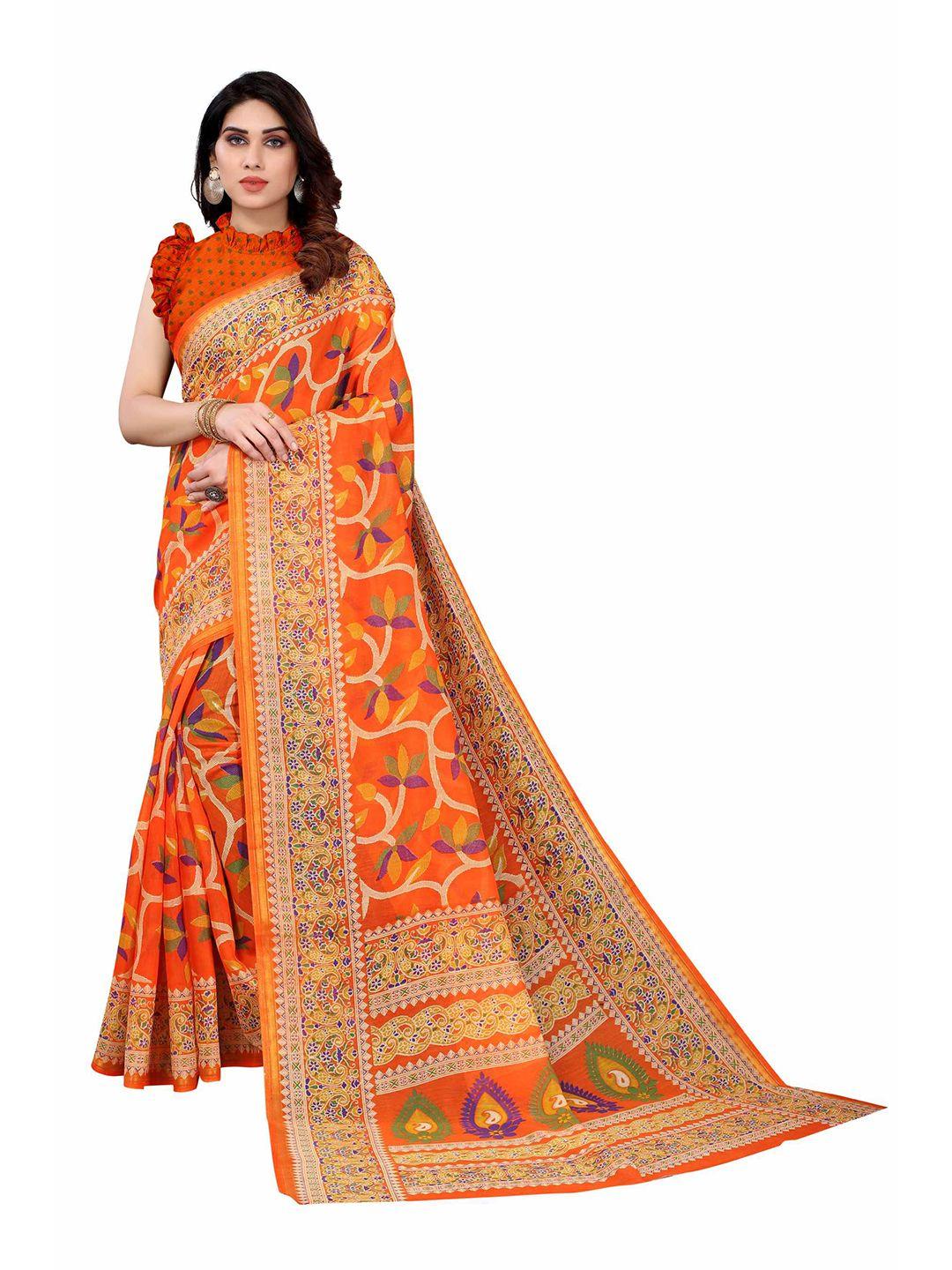 aadvika orange & purple floral linen blend saree