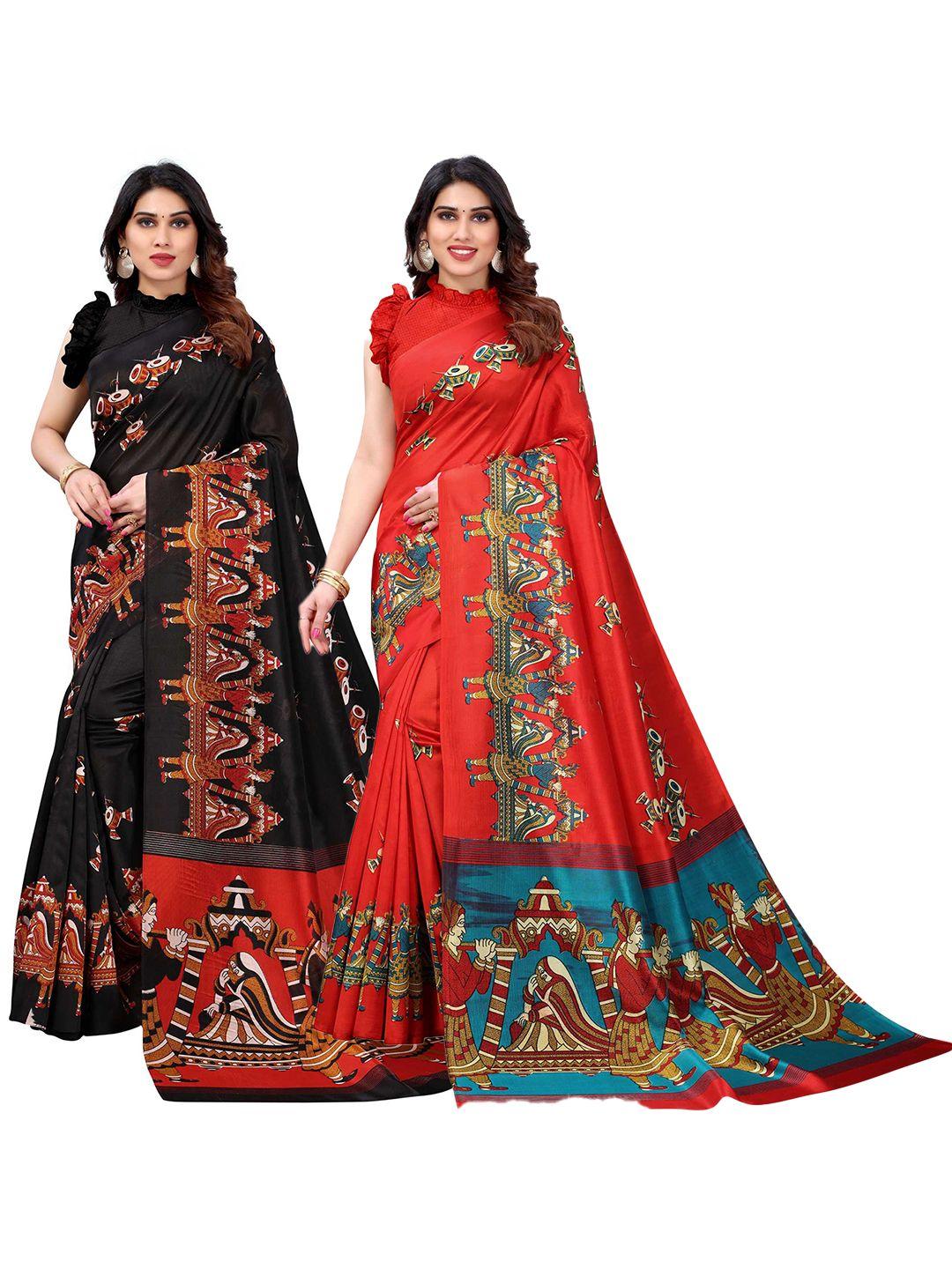 aadvika pack of 2 women black & red kalamkari print sarees