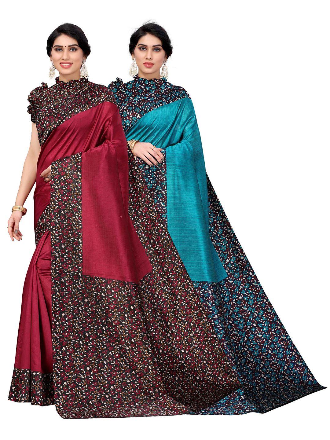 aadvika pack of 2 women blue & maroon floral art silk mysore silk saree