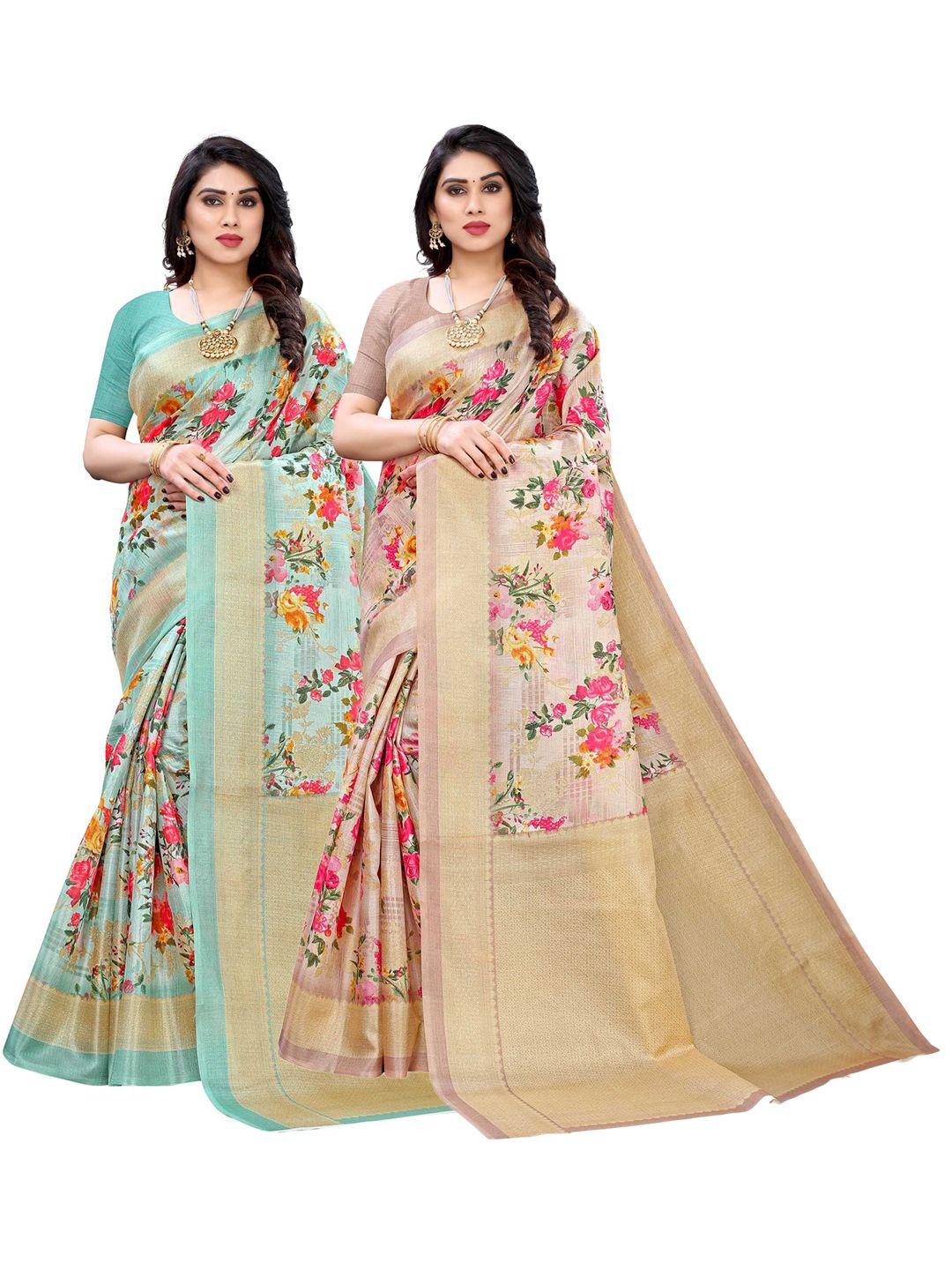 aadvika pack of 2 women gold-toned & blue floral print woven design saree