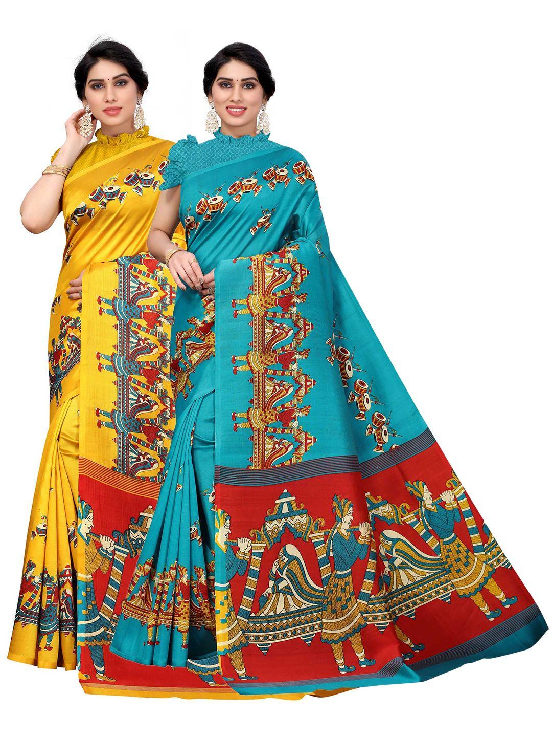 aadvika pack of 2 yellow & green ethnic motifs printed saree