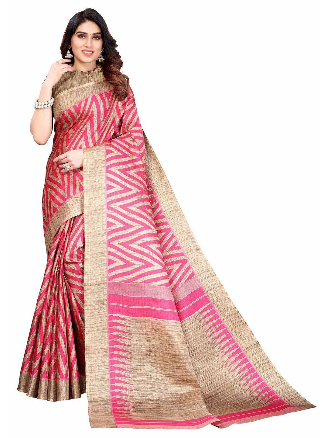 aadvika pink & beige printed khadi saree