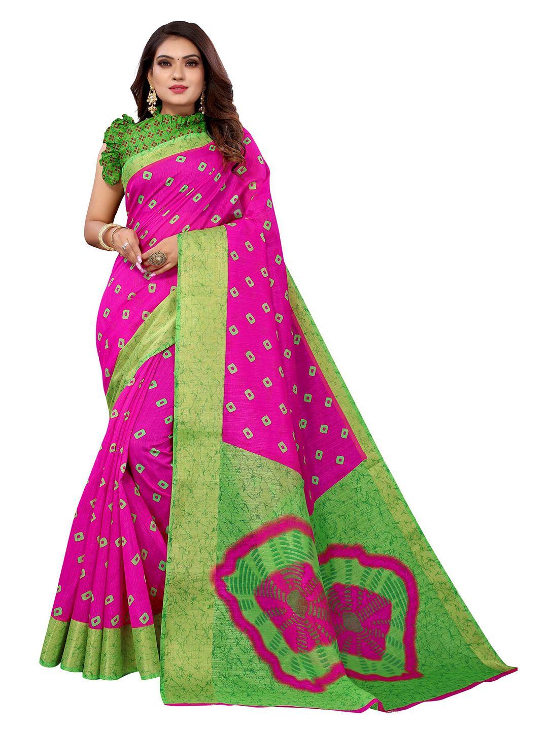 aadvika pink & green bandhani printed linen blend saree