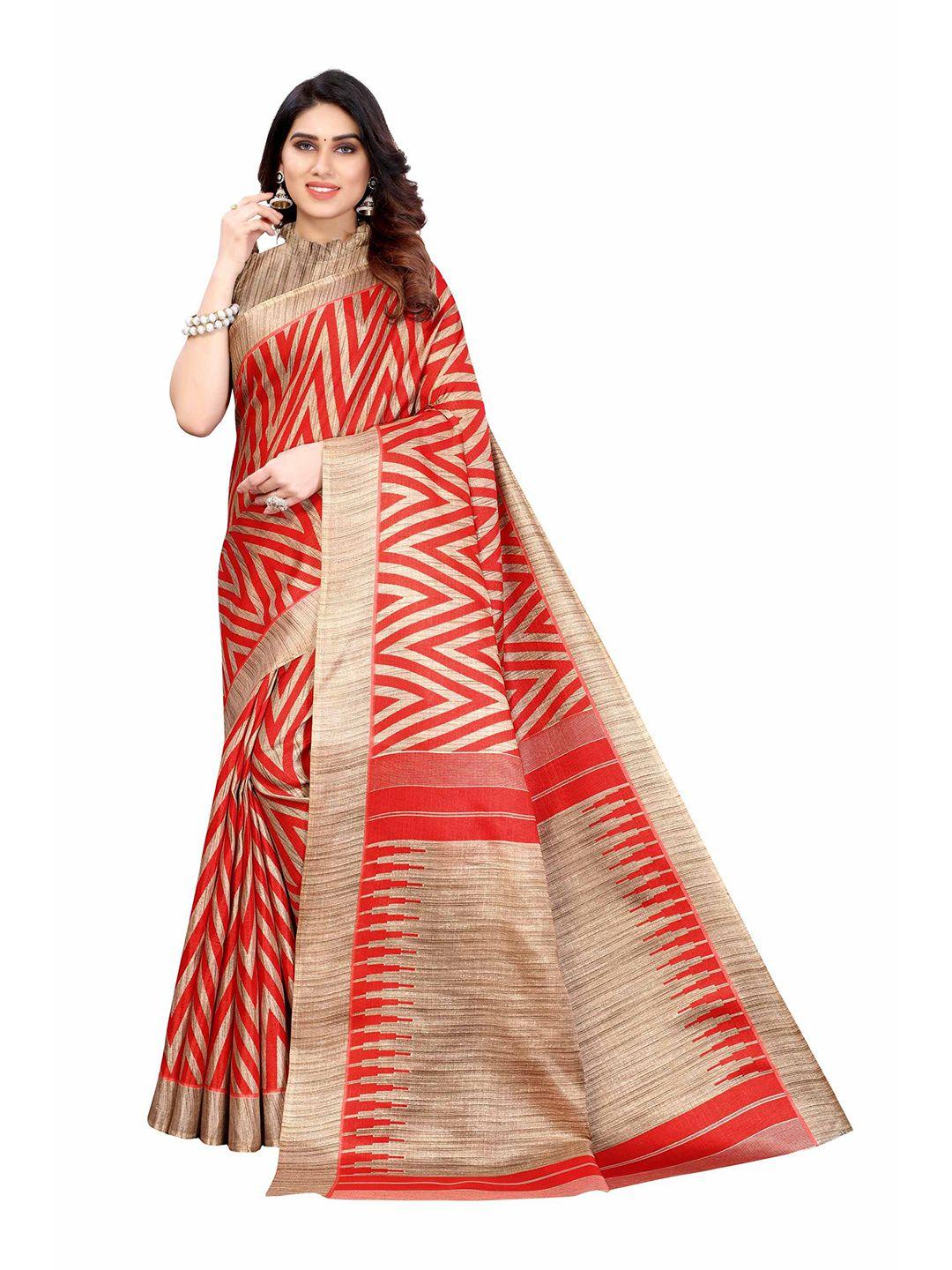 aadvika red & beige chevron printed saree