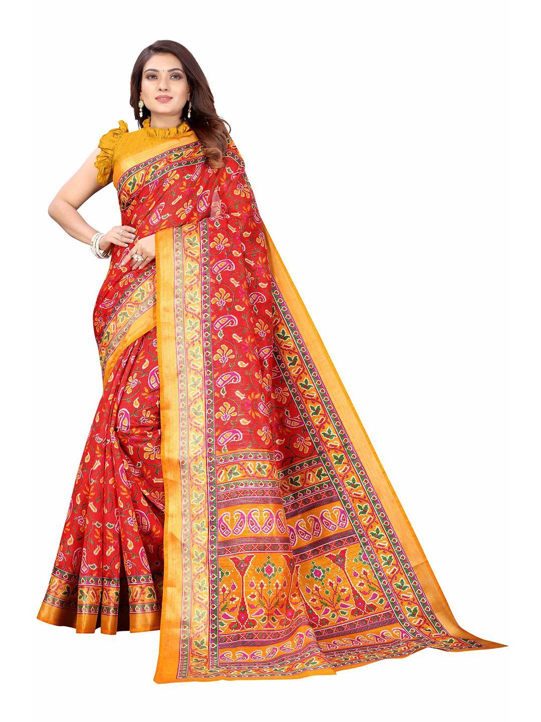 aadvika red & orange floral linen blend  saree