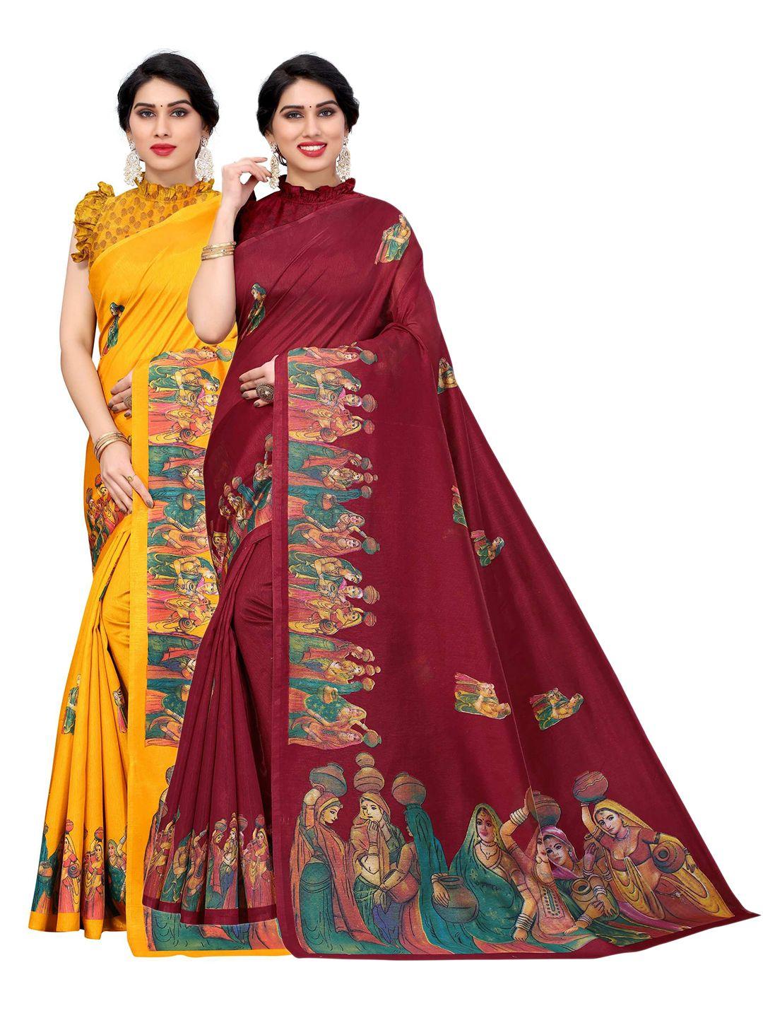 aadvika women pack of 2 maroon & yellow printed art silk saree