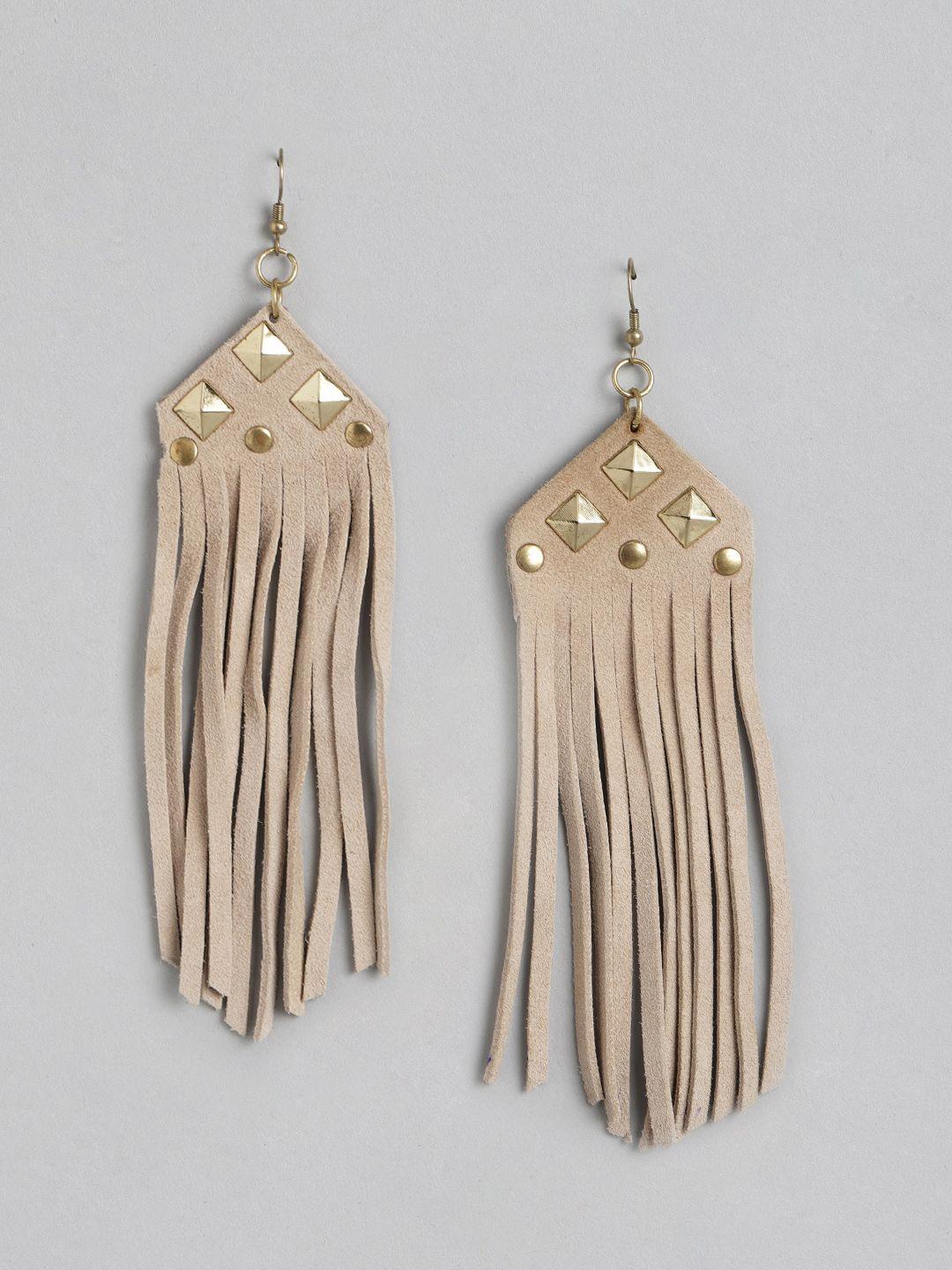 aady austin beige contemporary tasselled drop earrings